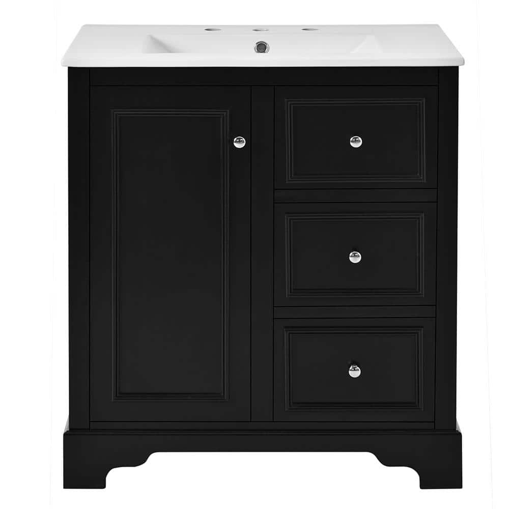 30 in. Freestanding Bath Vanity Cabinet in Black with White Ceramic Basin T