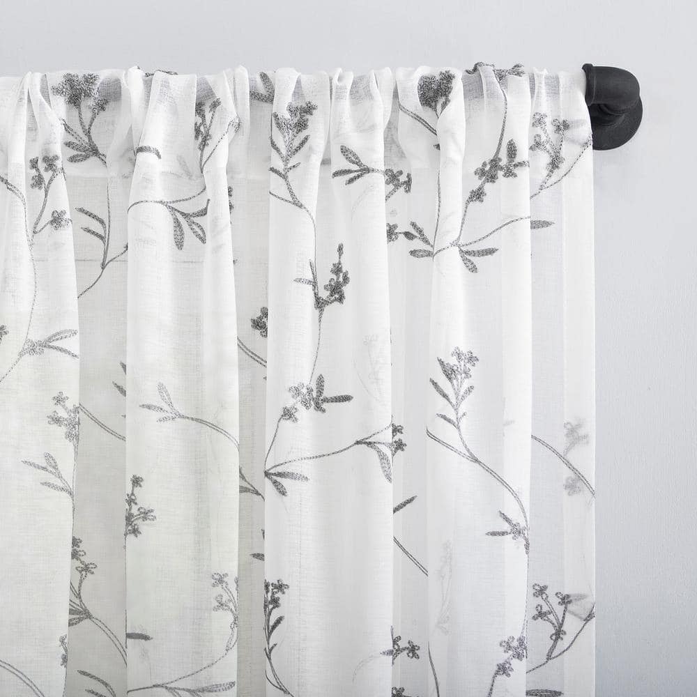 White Floral Embroidered Sheer Rod Pocket Valance