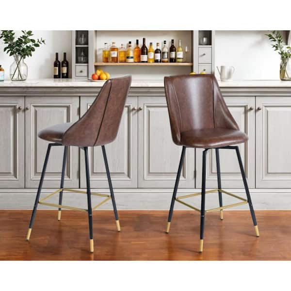 26 in. Brown and Black High Back Metal Counter Stool Faux Leather Seat (Set of 2)