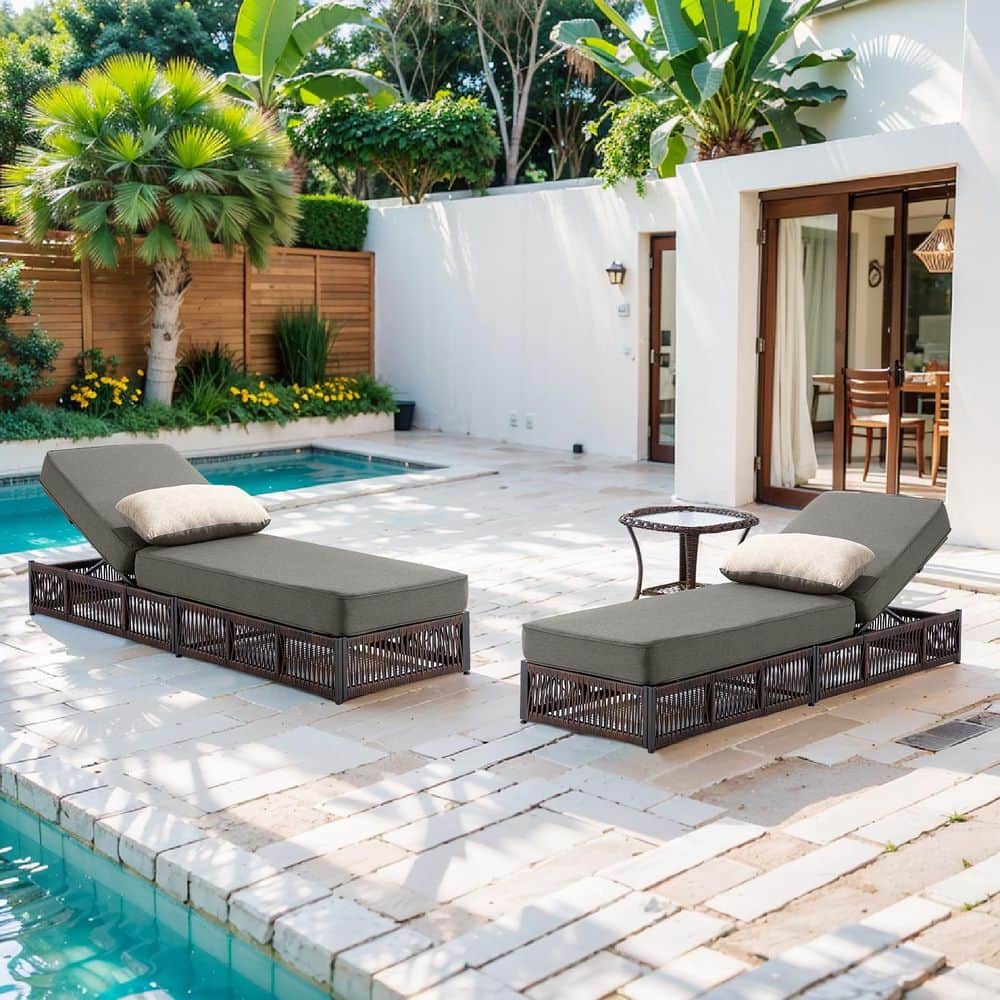 Facent Brown 3-Piece Wicker Outdoor Chaise Lounge Patio 5-Position Backrest Lounge Day Bed with 5 in. Gray Cushions price history on PriceWatchPro