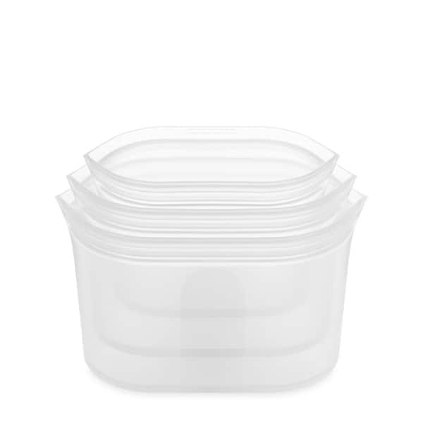 Zip Top Reusable Silicone 3-Piece Dish Set - Small 16 oz., Medium 24 oz., Large 32 oz. Zippered Storage Containers in Frost