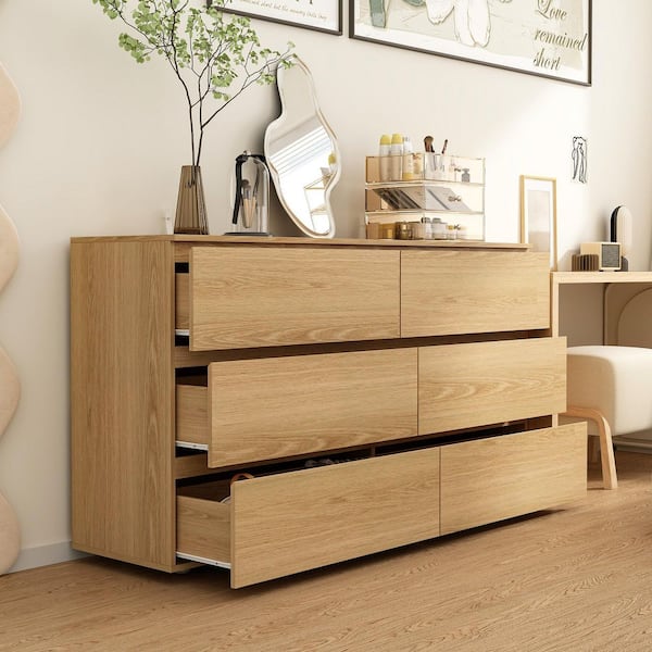 Yellow Wood Grain 6 Drawers 59 in. W Wooden Chest of Drawers, Dresser, Storage Cabinet