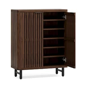 Lauren 43.31 in. H x 33.46 in. W Walnut Wood Shoe Storage Cabinet with Doors and Adjustable Shelves, 24 Pairs