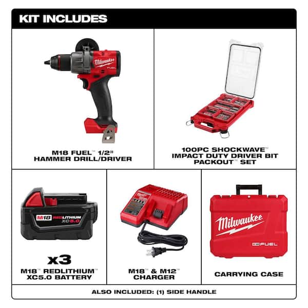 M18 FUEL 18V 1/2 in. Hammer Drill Kit w/ (3) 5. 0Ah Batteries, Hard Case with 100-Pc Bit Set w/ PACKOUT
