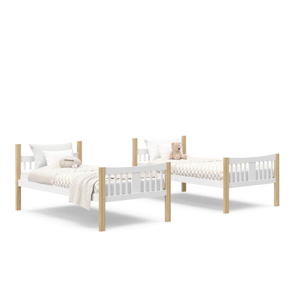 White and Natural Twin Bunk Bed with Wood Frame and Drawer