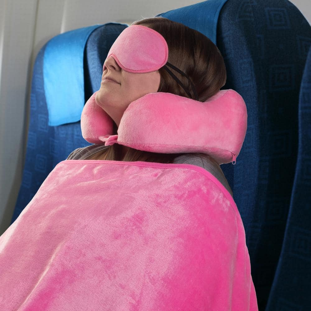 Pink Memory Foam Travel Pillow Set with Fleece Blanket and Eye Mask