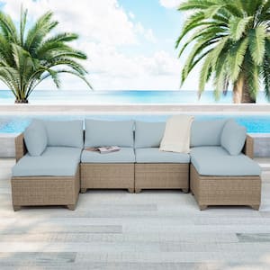 Maui 6-Piece Wicker Patio Conversation Set with Sky Blue Cushions