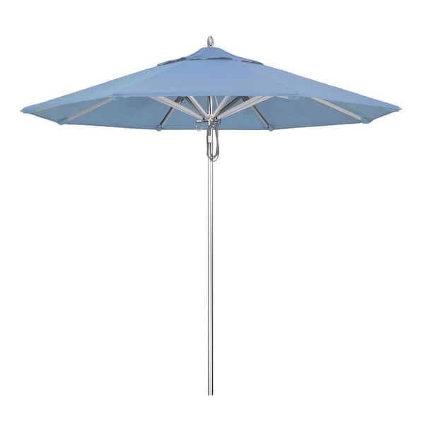 California Umbrella 9 ft. Silver Aluminum Commercial Market Patio Umbrella with Pulley Lift in Air Blue Sunbrella