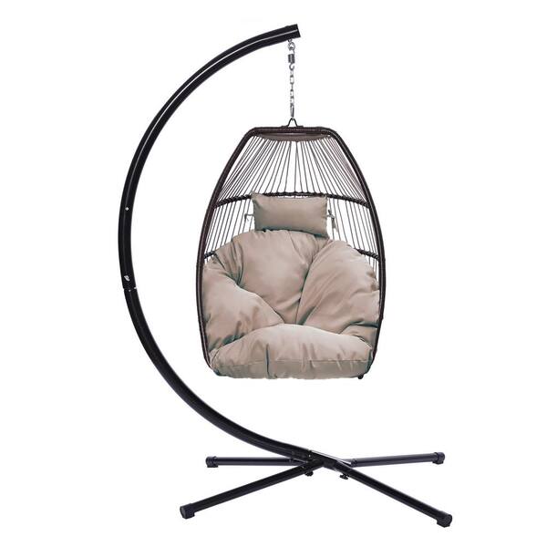 Unbranded Metal Outdoor Patio Wicker Folding HangingSwing Hammock Egg Chair with Cushion and Pillow