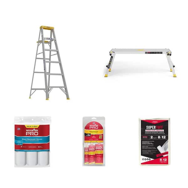 6 ft. Aluminum Step Ladder, 4 ft. Work Platform, 9 in. Roller Cover (3-Pack), Brush Pack (3-Pack), Dropcloth