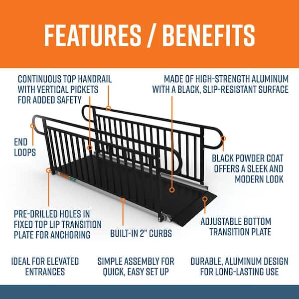 GATEWAY 3G 8 ft. Aluminum Solid Surface Black Wheelchair Ramp with Black Vertical Picket Handrails