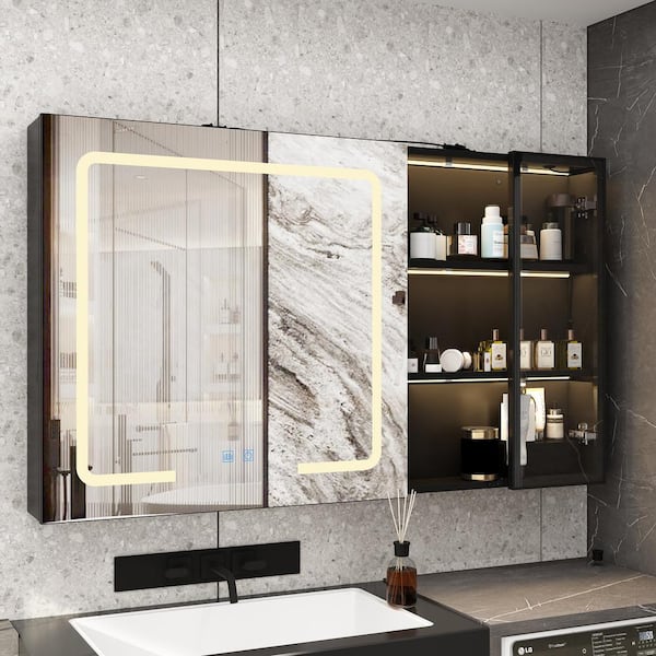 FUFU&GAGA 47.2 in. W x 27.2 in. H Rectangular Surface Mount Bathroom Medicine Cabinet with Mirror, Glass Door, Anti-fog, Lights