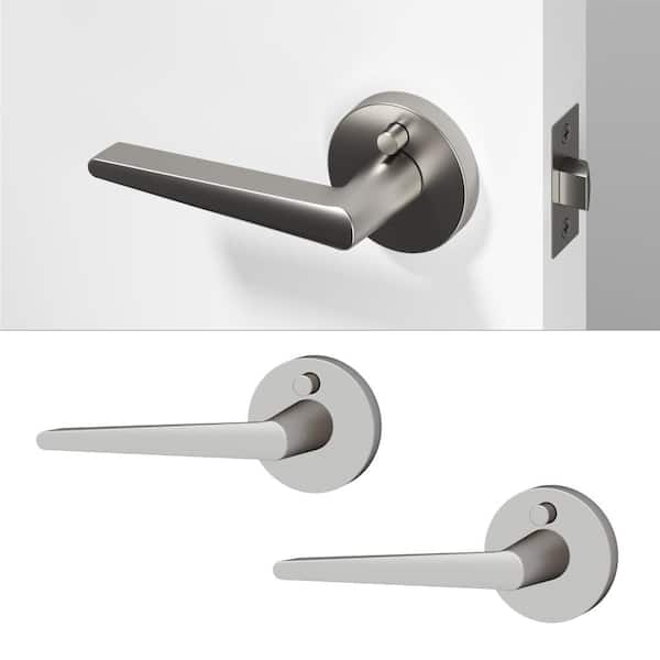 Halo Metal Brushed Nickel Privacy Bed/Bath Flat Door Handle with Push Button and Round Rosette 2-Pack