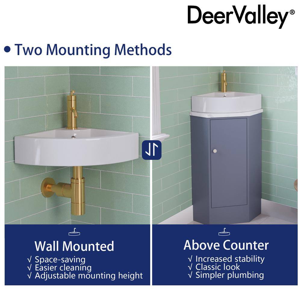 White Ceramic Wall-Mount Corner Bathroom Sink with Faucet Hole