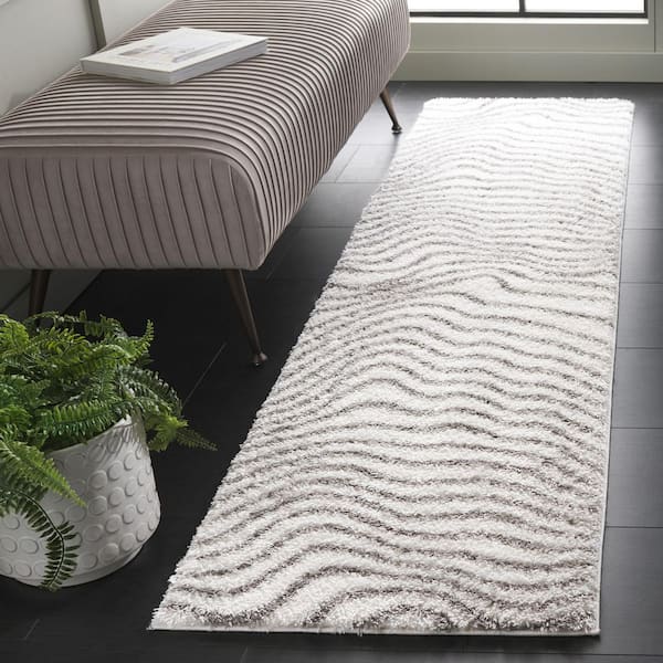 Tahoe Shag 2 ft. x 8 ft. Ivory/Gray Wavy Striped Runner Rug