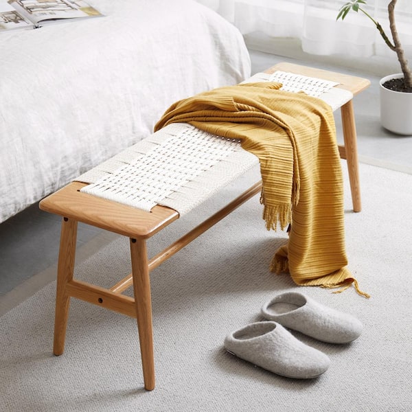 Harper & Bright Designs White and Natural Oak 100% Solid Wood Dining Bench with Woven Cane 31.5 in.