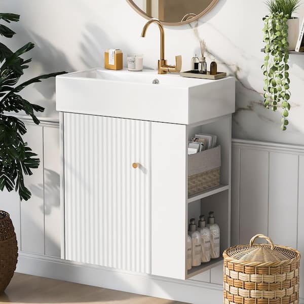 FAMYYT 21.6 in. W x 12.4 in. D x 26.4 in. H Single Sink Floating Bath Vanity in White with White Ceramic Top and Right Side