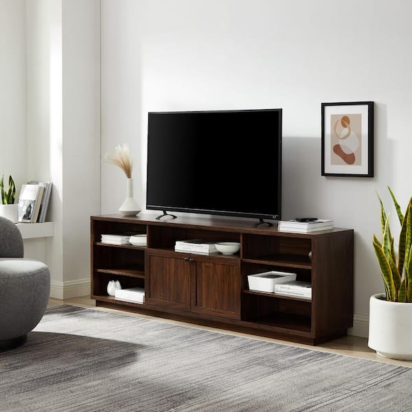 Welwick Designs 70 In. Dark Walnut Wood Transitional 2-Door TV Stand For TVs Up To 75 In. With ...