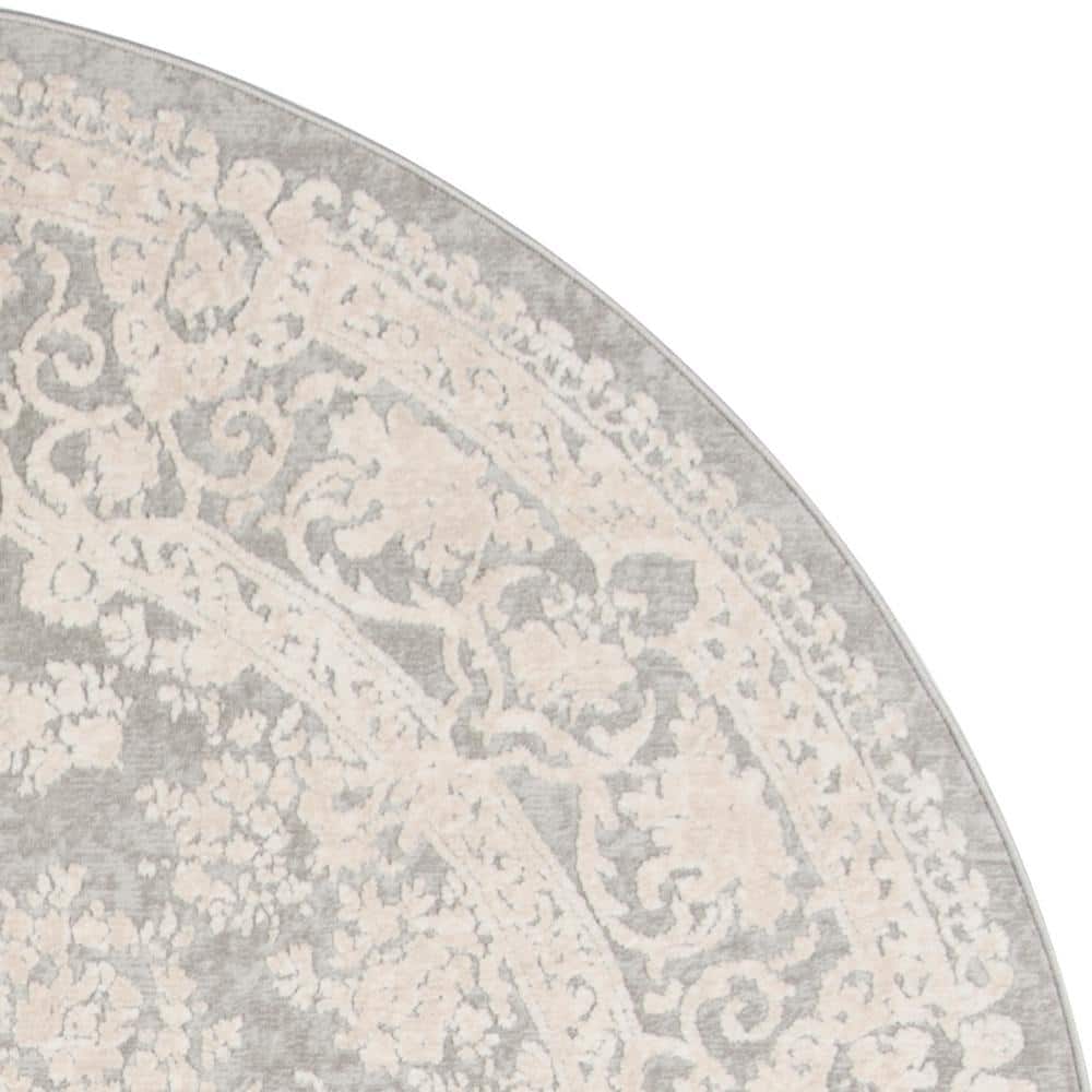 Round Light Grey Cream Floral Synthetic Area Rug