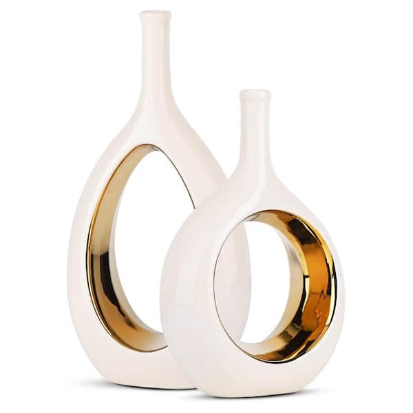 Afoxsos White and Gold Vase Ceramic White Vases Home Decor, Modern Minimalist Circle with Hole Decorative Vase for Centerpieces