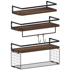 Set of 2 Brown Rustic Floating Shelves with Hooks and Towel Bar