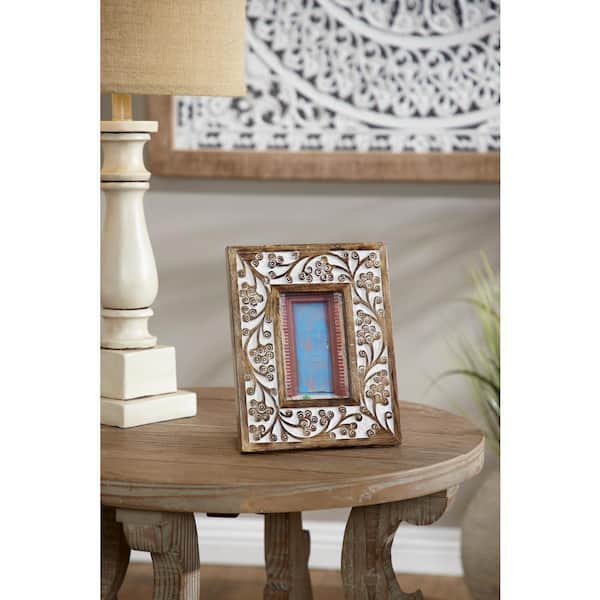 Litton Lane 4 in. x 6 in. Rectangular Carved Wood Antique Floral Picture Frame with Whitewash Finish