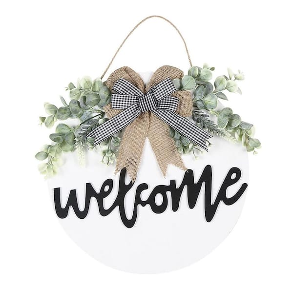 Unbranded Seasonal Interchangeable Welcome Decor 11.8 in. x 11.8 in. Round White by Rustic Wooden Wall Ar
