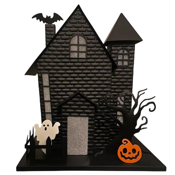 12 in. Black Battery Powered LED Halloween Haunted House with Bat Projection