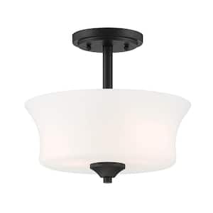 Bronson 12 in. 2-Light Matte Black Semi Flush Mount Light with Frosted Glass Shade