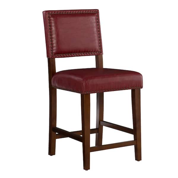 Linon Home Decor Brook 24 in. Walnut Brown Cushioned Back Wood Counter Stool with Red Faux Leather Seat