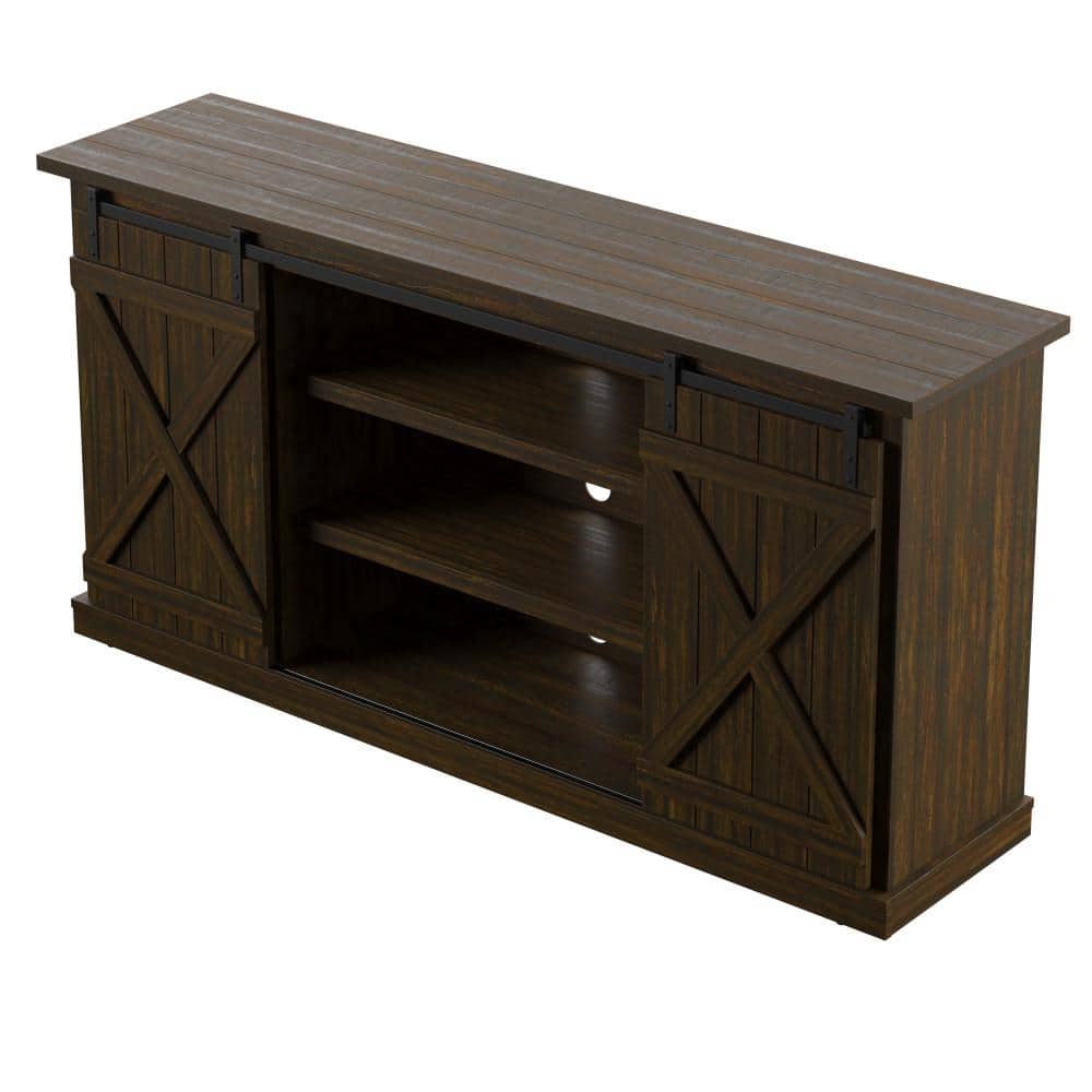 Sawcut Espresso 63" Brown Wood TV Stand with Sliding Barn Doors
