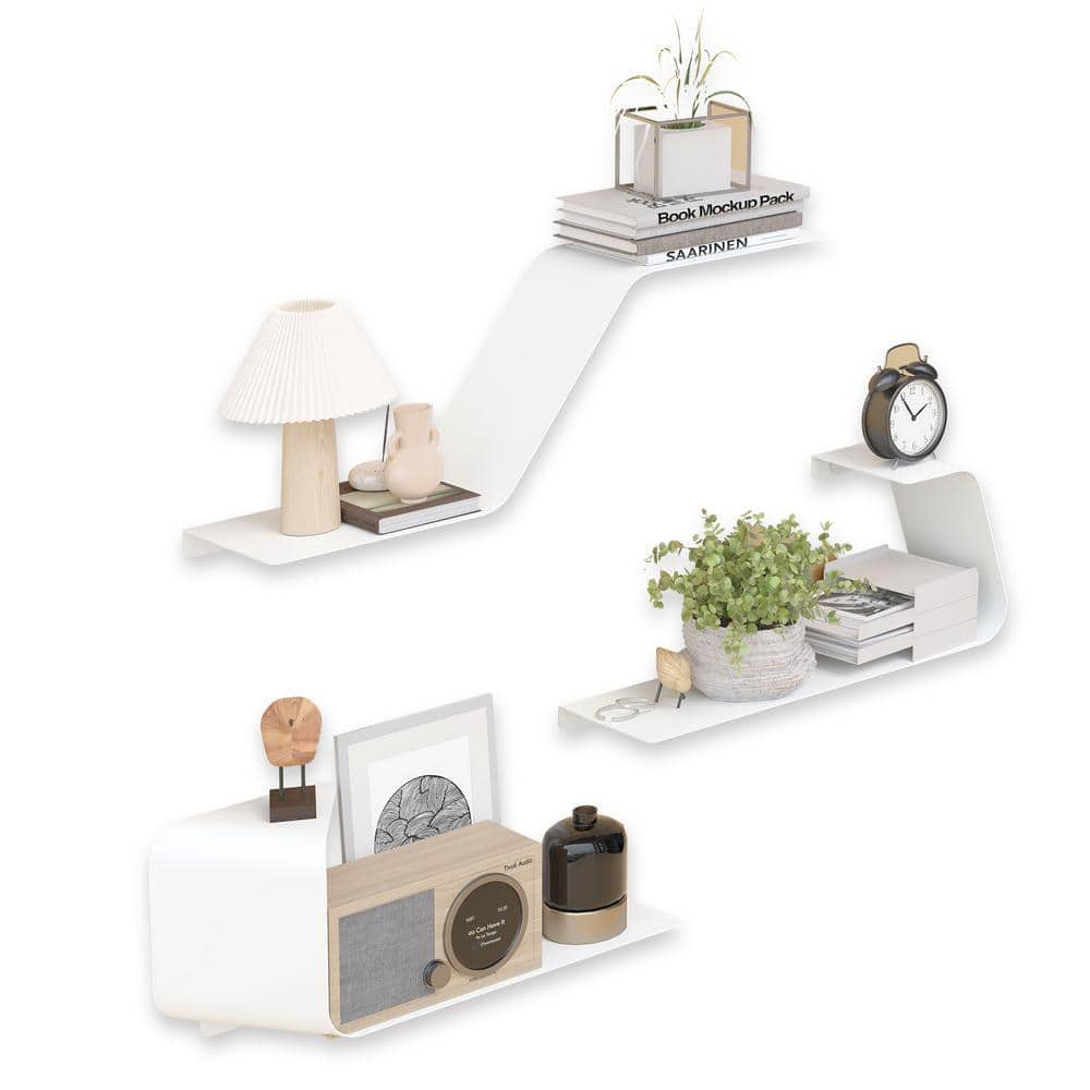 49 in. W x 6 in. D Floating Decorative Wall Shelf, Set of 3 Wall Mounted Metal Design Shelves, White, Garage Wall Shelf