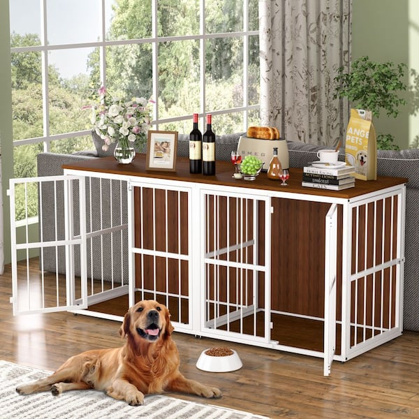 Wooden Dog Crate Furniture Dog Kennel Doghouse Accent Storage Cabinet with Divider