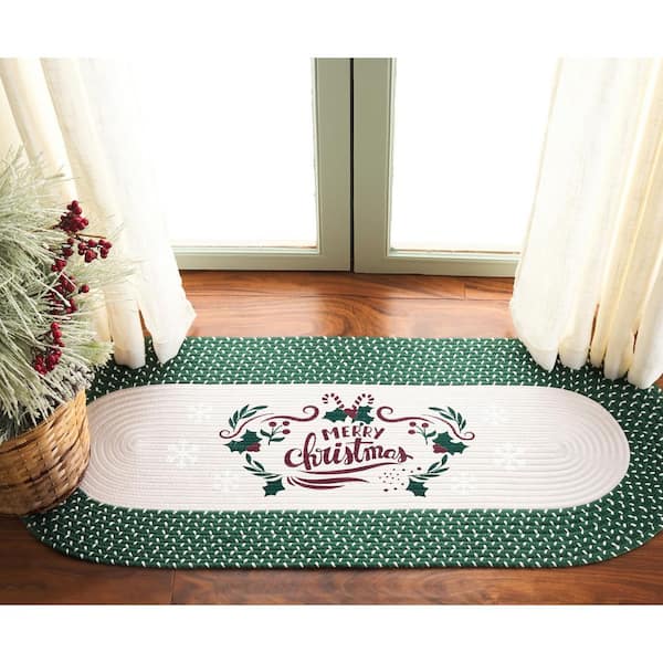 Braided Posters Ivory/Green 2 ft. x 3 ft. Machine Washable Merry Christmas Mistletoe Oval Area Rug