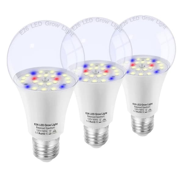 3-Pack Full Spectrum 10W LED Grow Light Bulbs E26 A19 Balanced Spectrum 5000K Red Blue for Indoor Plants and Hydroponics