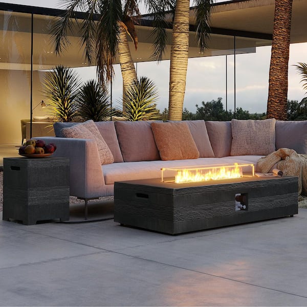56 in. Rectangular Magnesium Oxide Outdoor Fire Pit Table with Tank Cover, Wind Guard and Rain Cover in Dark Gray