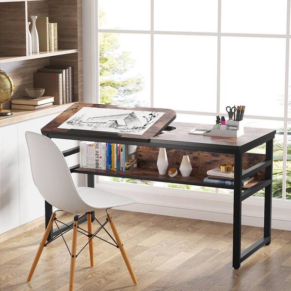 55 inch Large Computer Desk Writing Desk Artist Craft Workstation with Tiltable Tabletop for Painting Home Office Brown Tribesigns Drafting Table Drawing Desk with Storage Shelf 