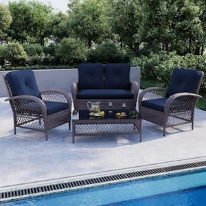 4-Piece Wicker Outdoor Patio Deep Seating Conversation Set with Navy Blue Cushions