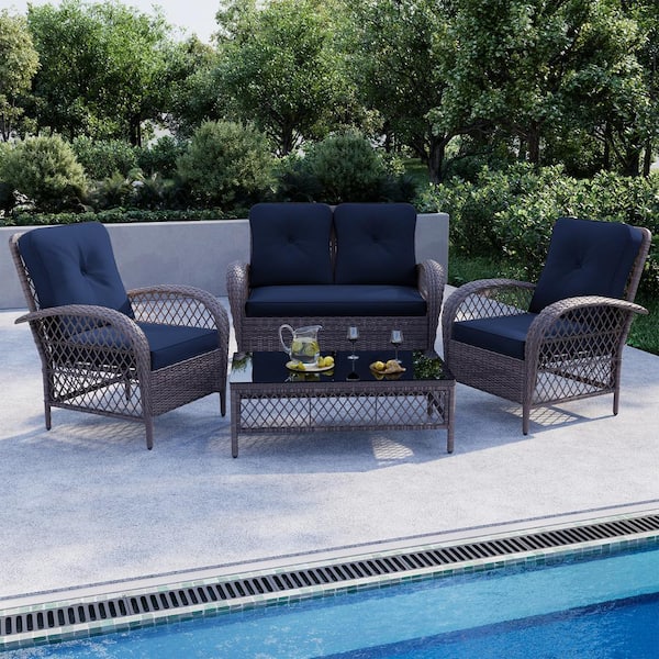 UPHA 4-Piece Wicker Outdoor Patio Deep Seating Conversation Set with Navy Blue Cushions