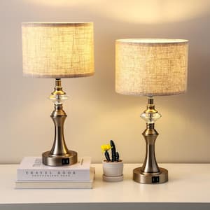 19.3 in. Silver Base Crystal Dimmable Touch Control Table Lamp Set with Beige Shade and USB Port (Set of 2)