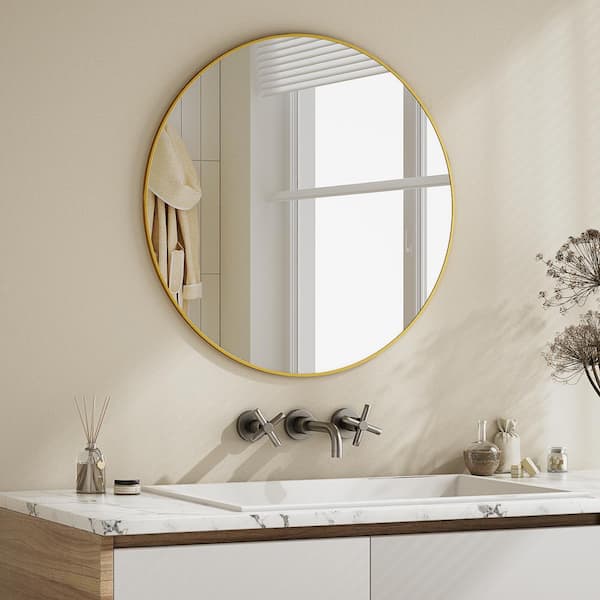 24 in. W x 24 in. H Round Modern Gold Aluminum Framed Bathroom Mirror Wall Mirror