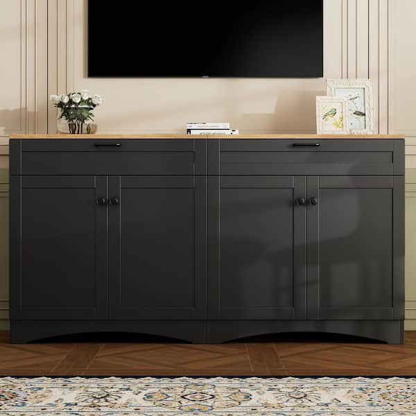 Harper & Bright Designs Black 4-Door Wood 62.9 in. Sideboard with 2 Drawers, Versatile Wood Grain TV Stand Fits TVs Up to 70 in.