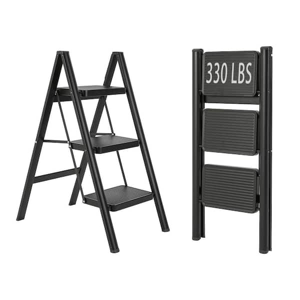 maocao hoom Foldable 3-step Iron Ladder, Load-Bearing Capacity 330 lbs., with Non-Slip and Widened Steps