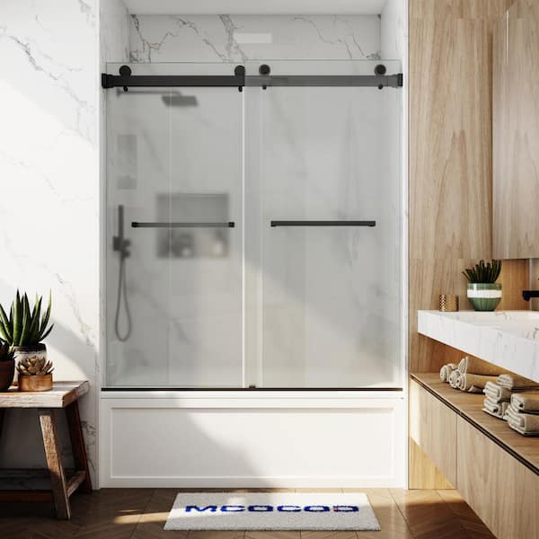 56-61 in. W x 66 in. H Double Sliding Frameless Smooth Sliding Tub Door in Matte Black with 3/8 in. Frosted Glass