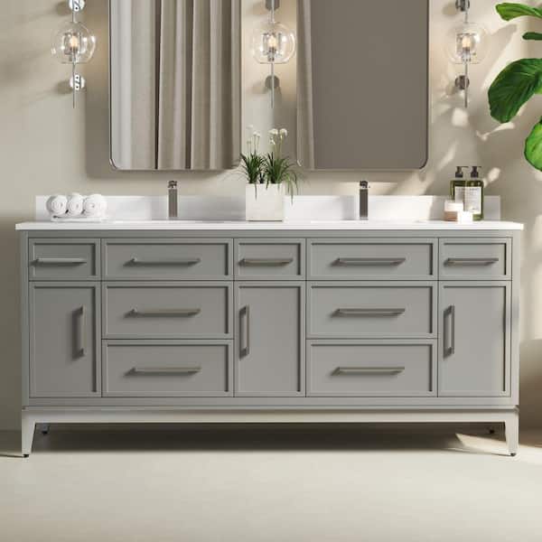 Barrington 75 in. W x 22 in. D x 33.5 in. H Double Bath Vanity in Gray with White Quartz Counter Top with White Basin
