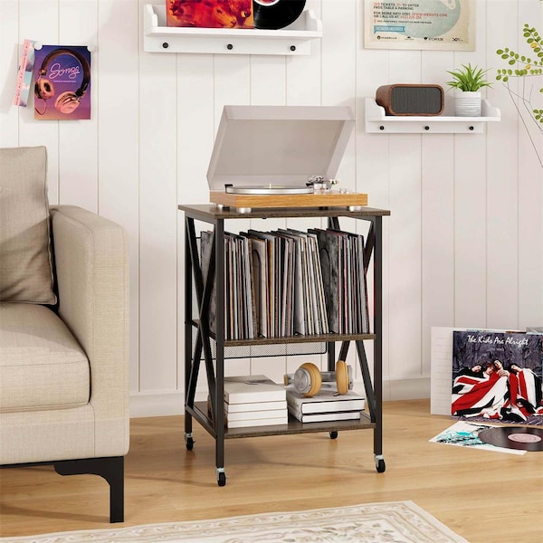 Costway Grey Record Player Stand Vinyl Record Storage Table Holds Up to 120-Vinyl Records