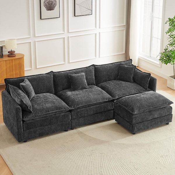 112.2 in. Square Arm L-Shaped Chenille Deluxe Pillow-Styled Modular Sectional Sofa in. Grey with 1 Ottoman