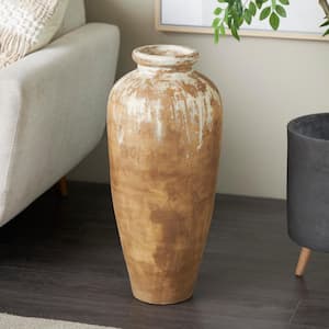 Brown Antique Style Distressed Patina Ceramic Decorative Vase with Beige Accents