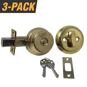Brass Arrow Style Door Lock Single Cylinder Deadbolt with 2-3/8 in. Latch and 6 KW1 Keys (3-Pack, Keyed Alike)