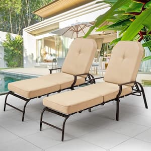 Dark Brown Adjustable Tufted Metal Outdoor Lounge Chair with Beige Cushion (2-Pack)